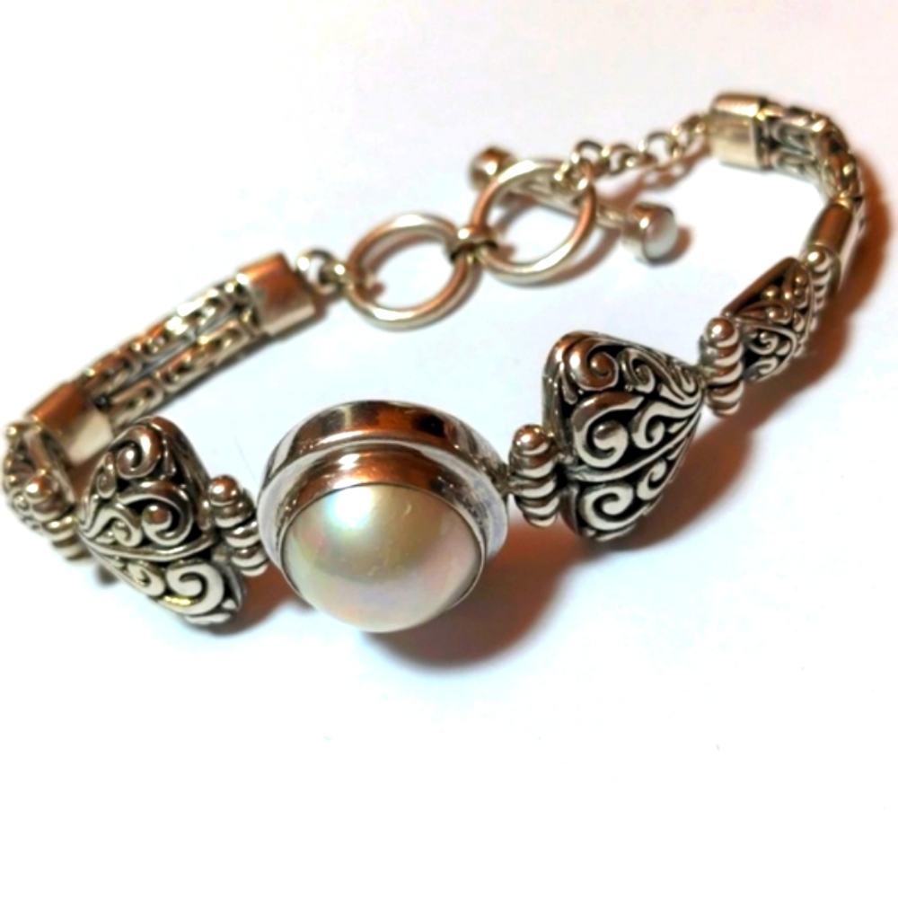 New Bali Mabe pearl Solid Sterling Silver bracelet. 8" Artisan , White Pearl